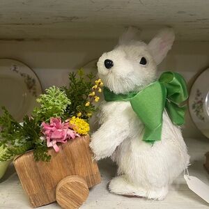 Vintage Charming White Plush Bunny with Green Ribbon